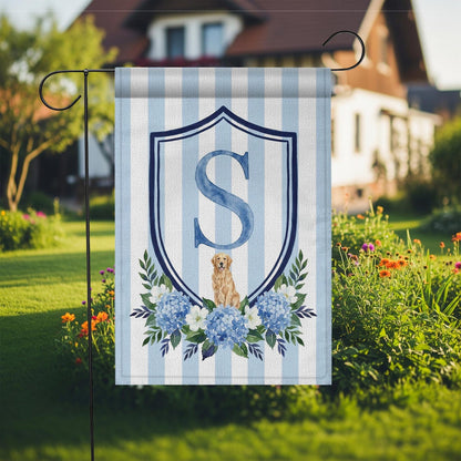 Custom Pet Portrait Garden Flag: Monogram Initial, Hydrangea Shield
