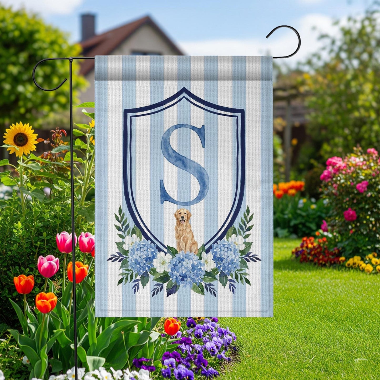Custom Pet Portrait Garden Flag: Monogram Initial, Hydrangea Shield