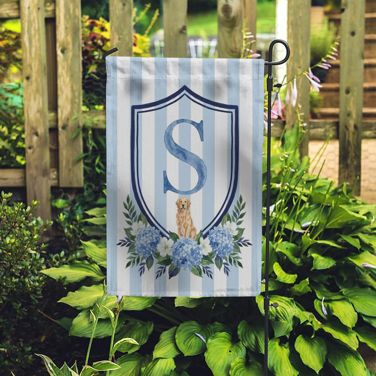 Custom Pet Portrait Garden Flag: Monogram Initial, Hydrangea Shield