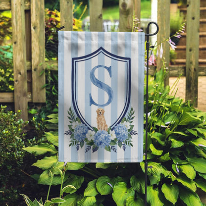 Custom Pet Portrait Garden Flag: Monogram Initial, Hydrangea Shield