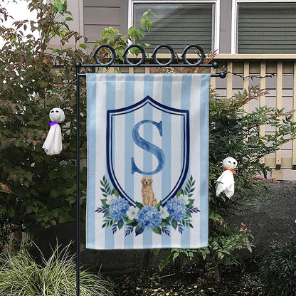 Custom Pet Portrait Garden Flag: Monogram Initial, Hydrangea Shield