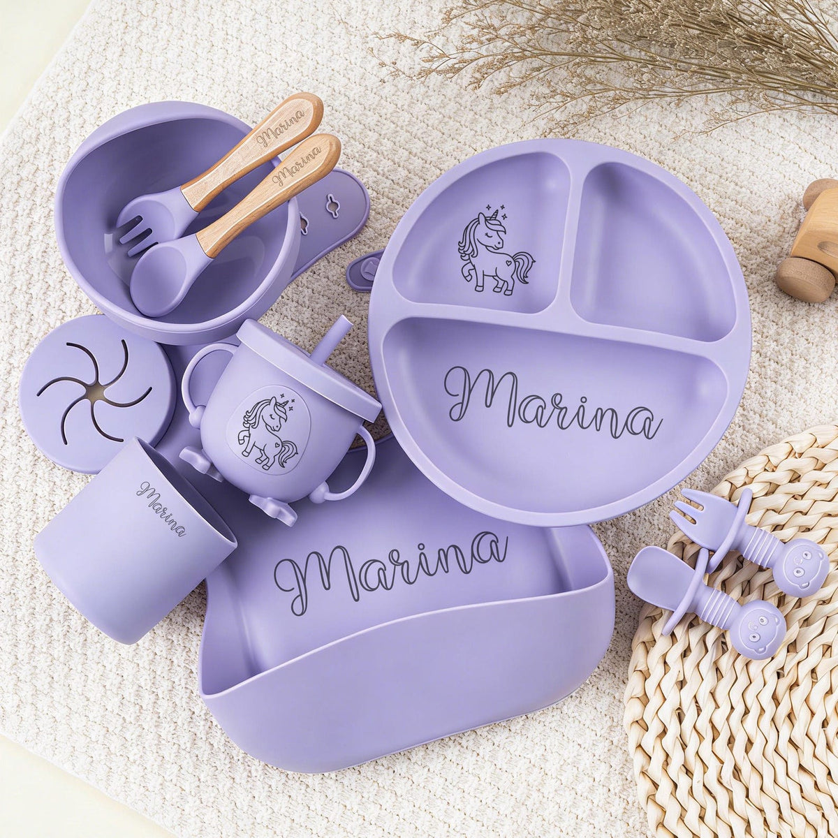 Engraved Silicone Baby Weaning Set, Custom Feeding Set with Name, Personalized Weaning Set