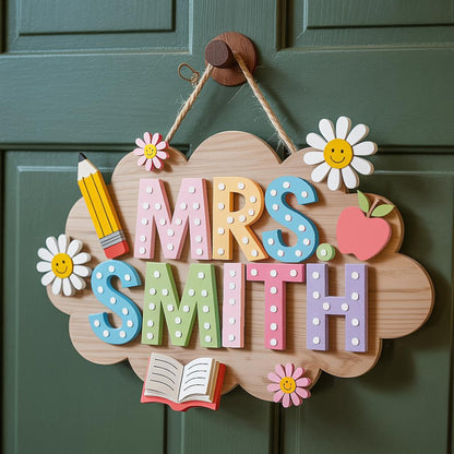 Personalized Teacher 3D Wooden Door Sign, Teacher Door Hanger, Cute Teacher Door Sign