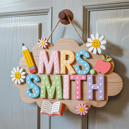 Personalized Teacher 3D Wooden Door Sign, Teacher Door Hanger, Cute Teacher Door Sign