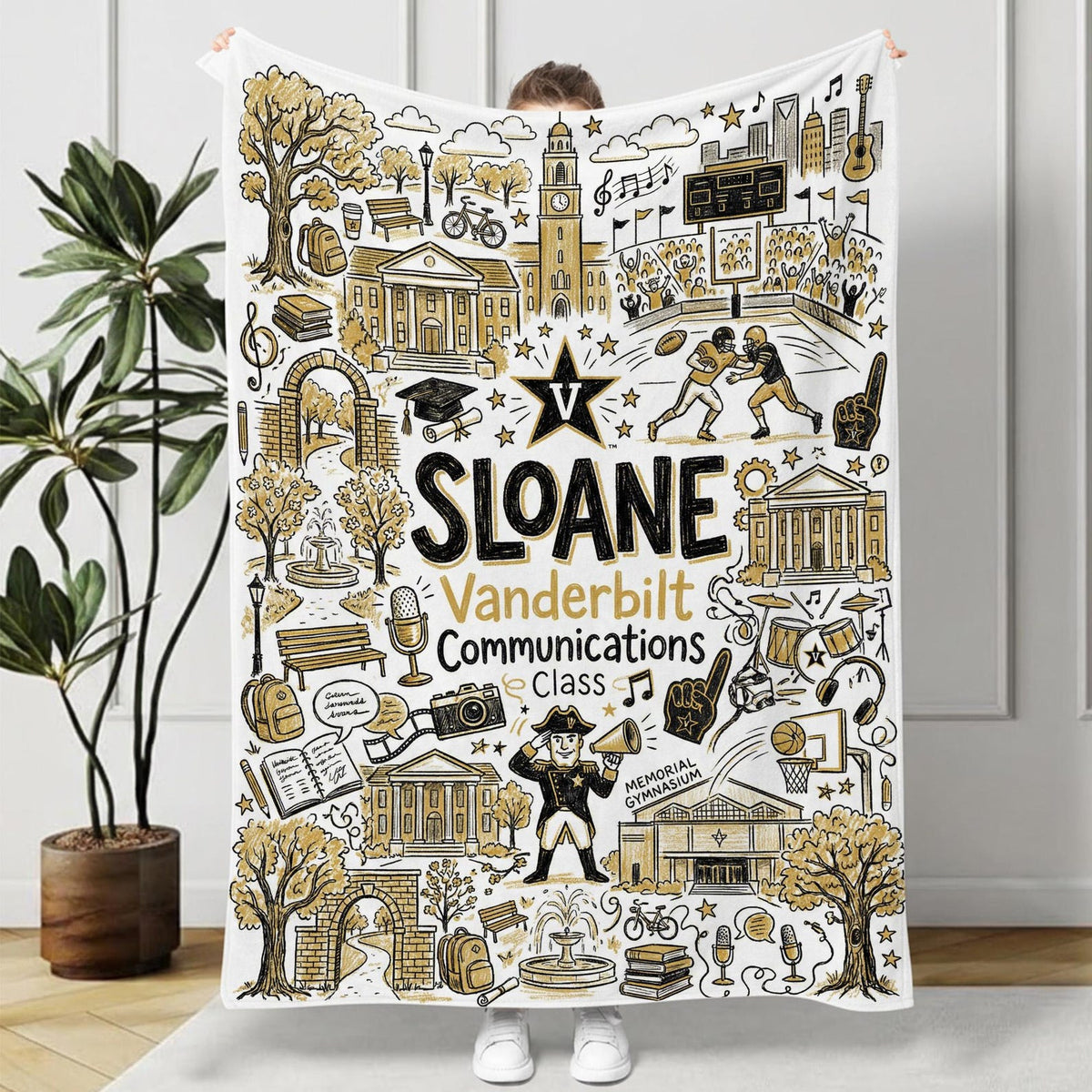 Custom University Campus Map Blanket, Personalized School Memory Name Throw