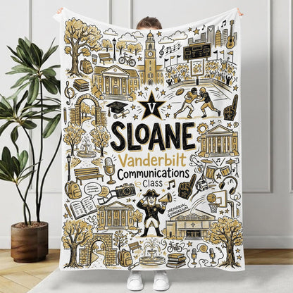 Custom University Campus Map Blanket, Personalized School Memory Name Throw
