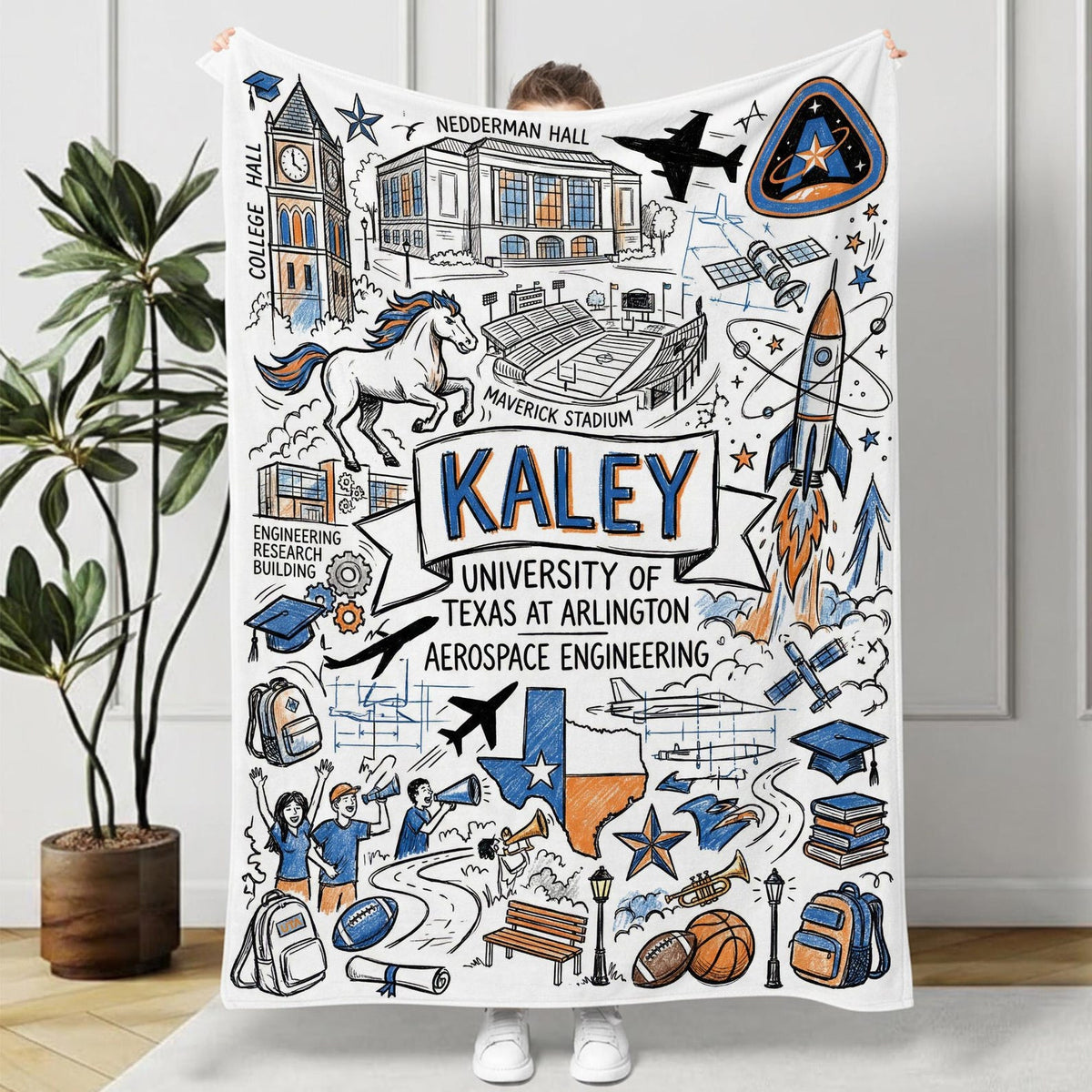 Custom University Campus Map Blanket, Personalized School Memory Name Throw