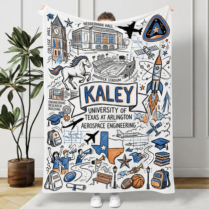 Custom University Campus Map Blanket, Personalized School Memory Name Throw