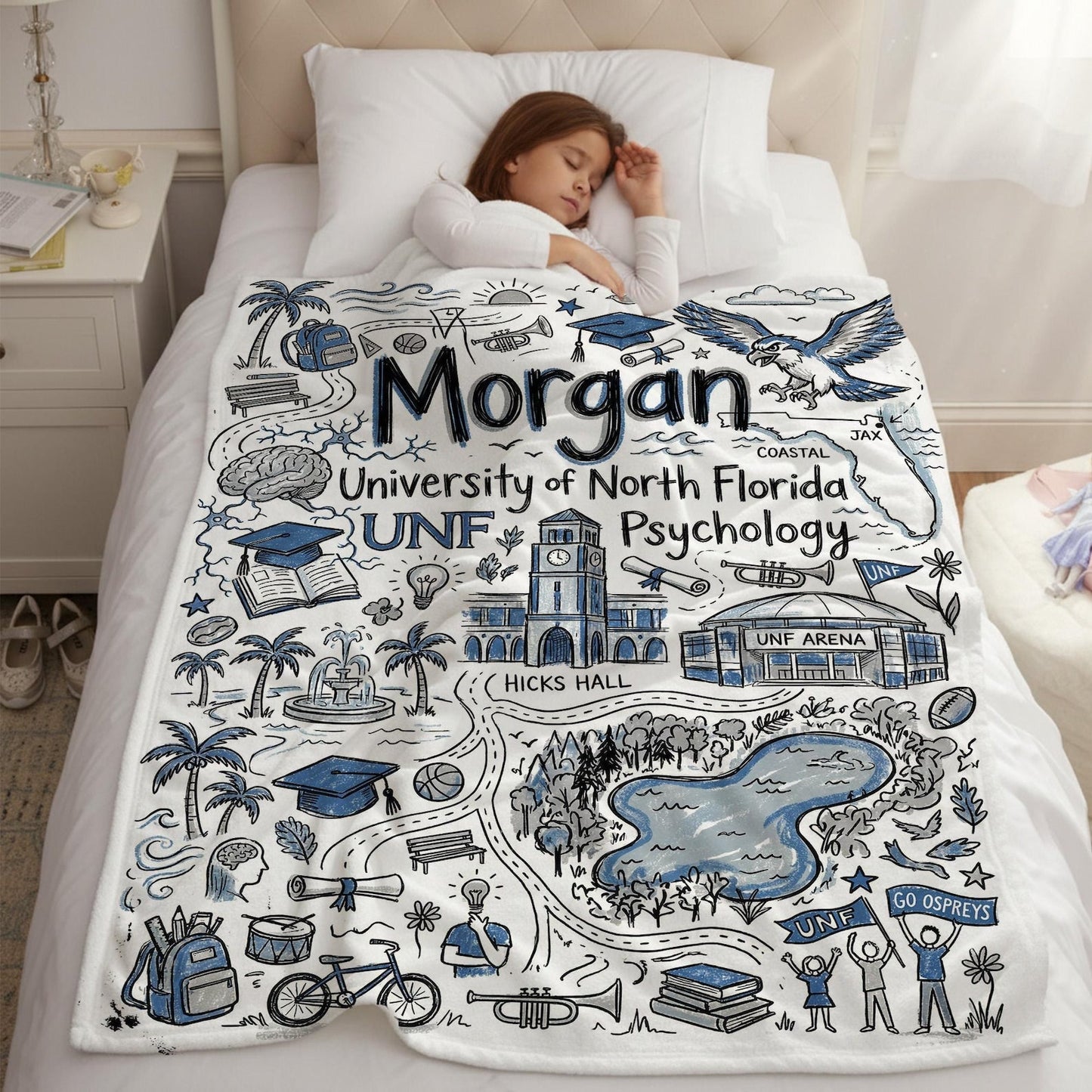 Custom University Campus Map Blanket, Personalized School Memory Name Throw