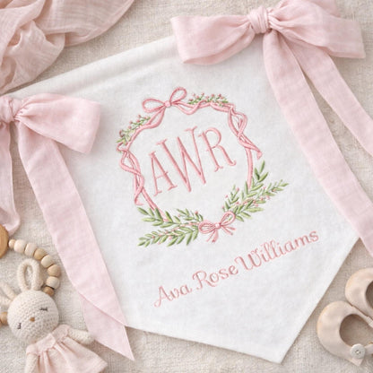 Custom Baby Banner Floral Princess Crest Welcome Banner, Hospital Door or Crib with Fabric Bows and Birth Stats Card