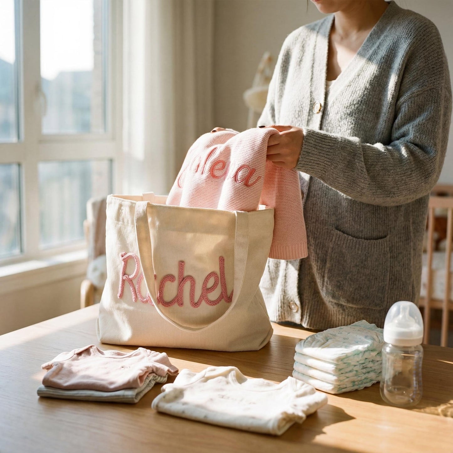 Custom Chenille Name Tote Bag, Personalized Corduroy Work Purse with Zipper