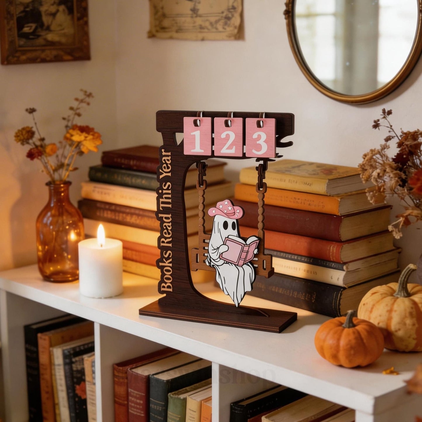 Wooden Ghost Reading Tracker Sign, Books Read This Year Decor