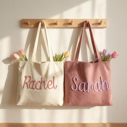 Custom Chenille Name Tote Bag, Personalized Corduroy Work Purse with Zipper