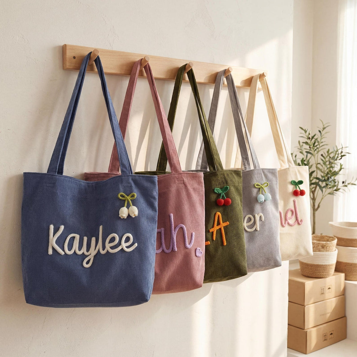 Custom Chenille Name Tote Bag, Personalized Corduroy Work Purse with Zipper