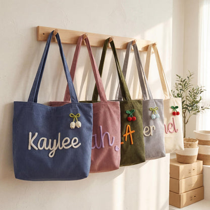 Custom Chenille Name Tote Bag, Personalized Corduroy Work Purse with Zipper