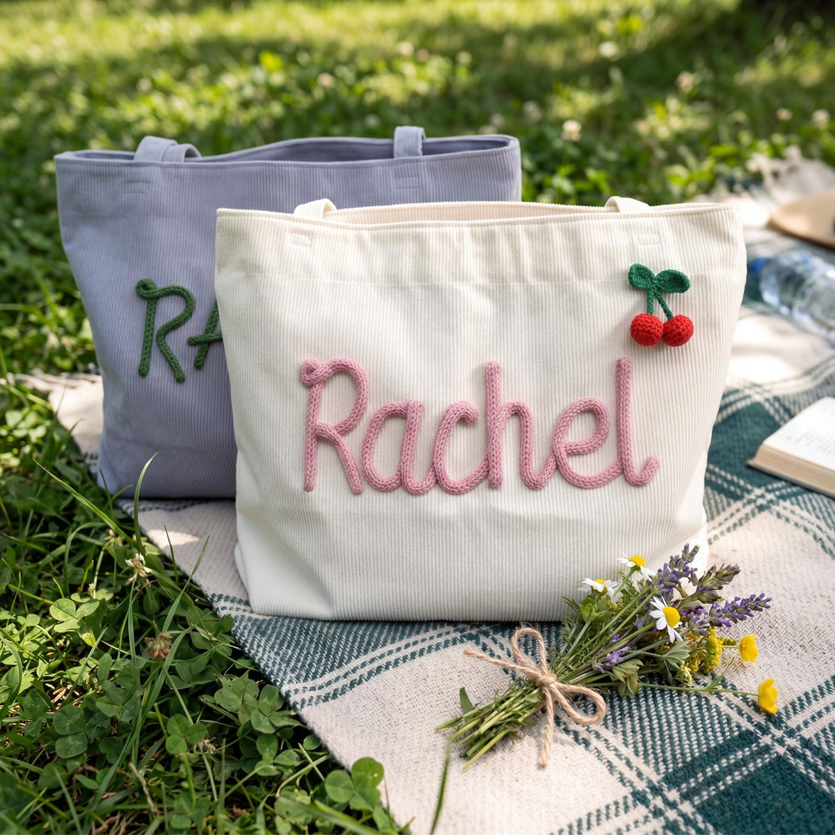 Custom Chenille Name Tote Bag, Personalized Corduroy Work Purse with Zipper