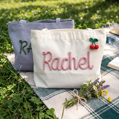 Custom Chenille Name Tote Bag, Personalized Corduroy Work Purse with Zipper