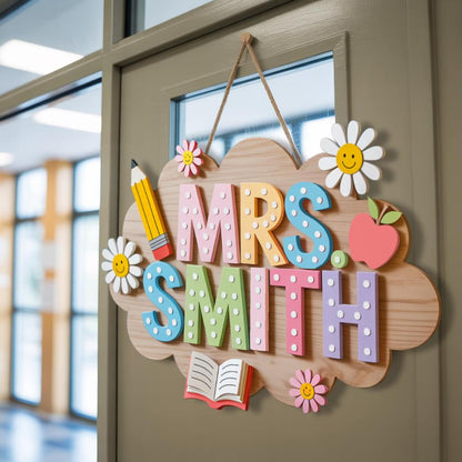 Personalized Teacher 3D Wooden Door Sign, Teacher Door Hanger, Cute Teacher Door Sign
