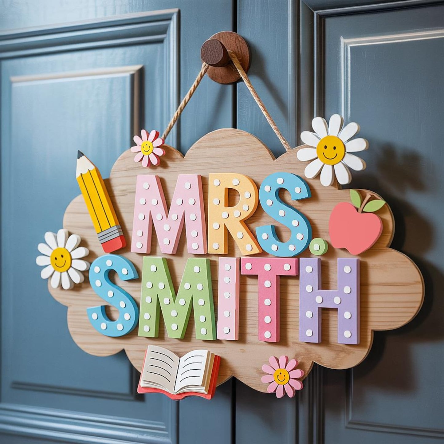 Personalized Teacher 3D Wooden Door Sign, Teacher Door Hanger, Cute Teacher Door Sign