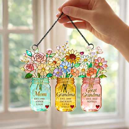 Personalized Mom Grandma Great Grandma Suncatcher, Custom Kids Names Mason Jar Window Hanging
