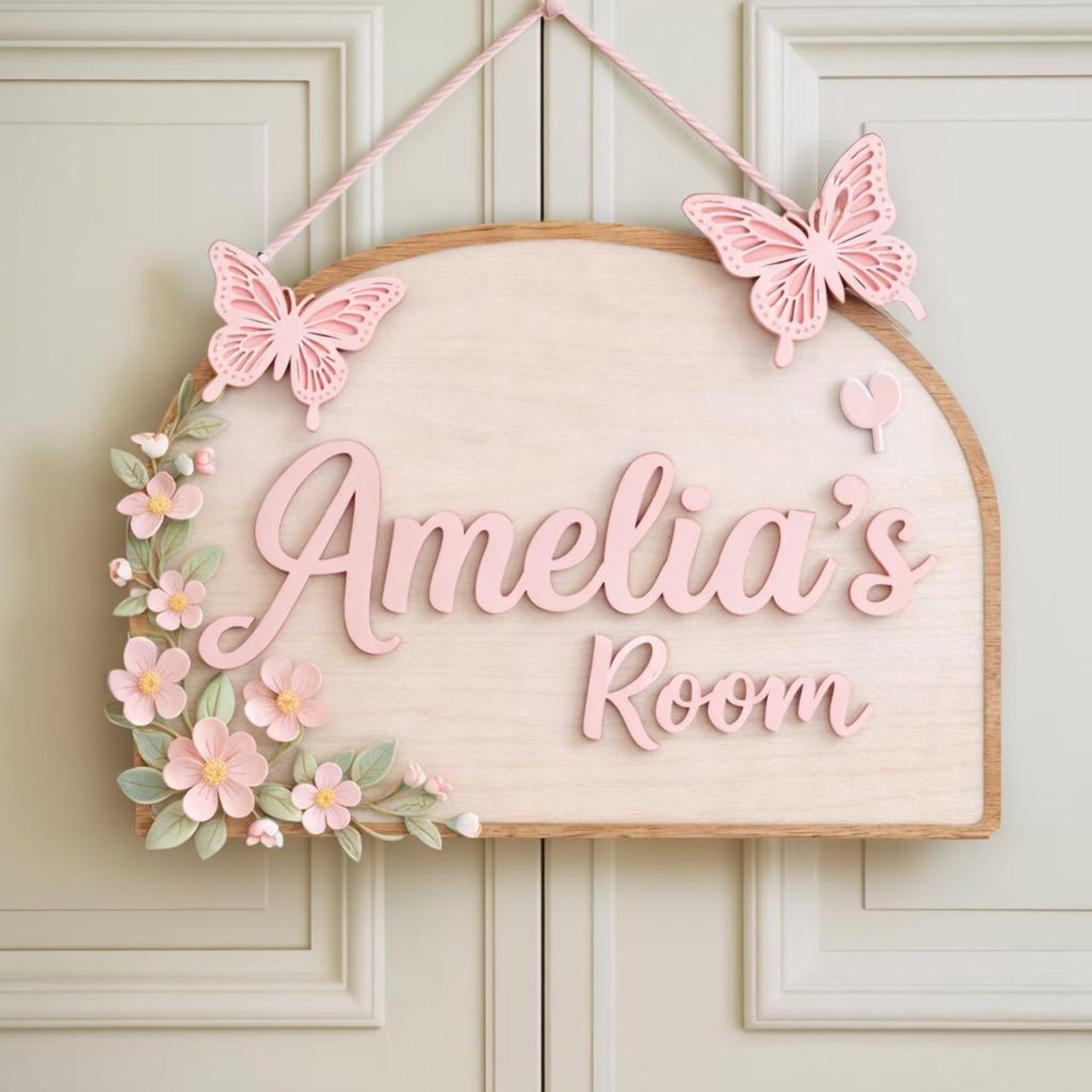 Personalized Girl Room Wooden Door Sign, Custom Nursery Name Sign with Butterflies & Flowers,