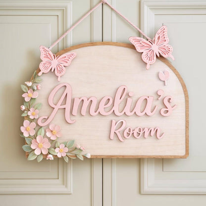 Personalized Girl Room Wooden Door Sign, Custom Nursery Name Sign with Butterflies & Flowers,