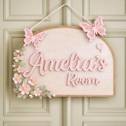 Personalized Girl Room Wooden Door Sign, Custom Nursery Name Sign with Butterflies & Flowers,