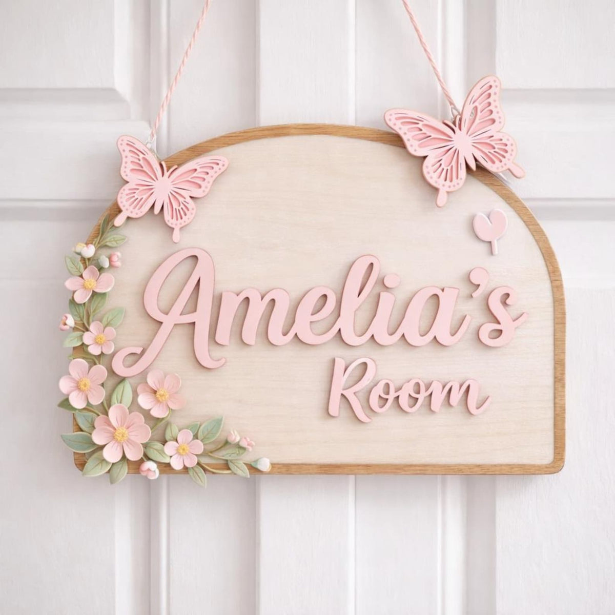 Personalized Girl Room Wooden Door Sign, Custom Nursery Name Sign with Butterflies & Flowers,