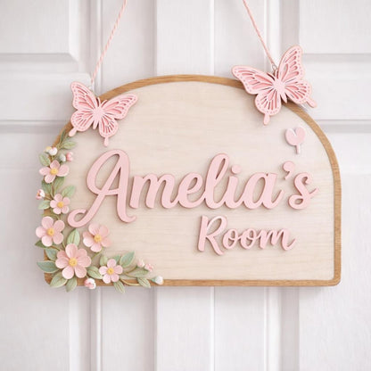 Personalized Girl Room Wooden Door Sign, Custom Nursery Name Sign with Butterflies & Flowers,
