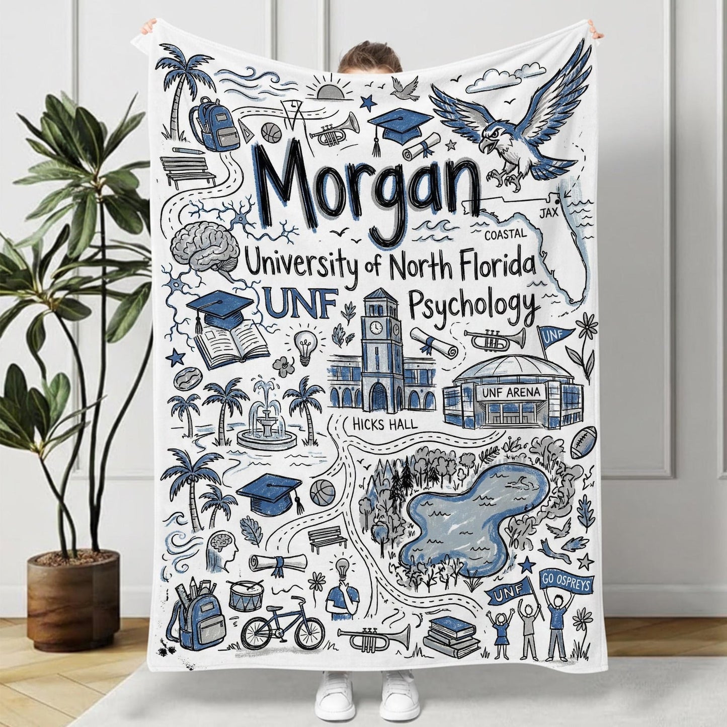 Custom University Campus Map Blanket, Personalized School Memory Name Throw