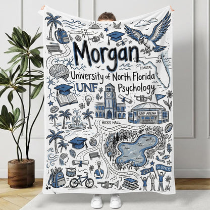 Custom University Campus Map Blanket, Personalized School Memory Name Throw