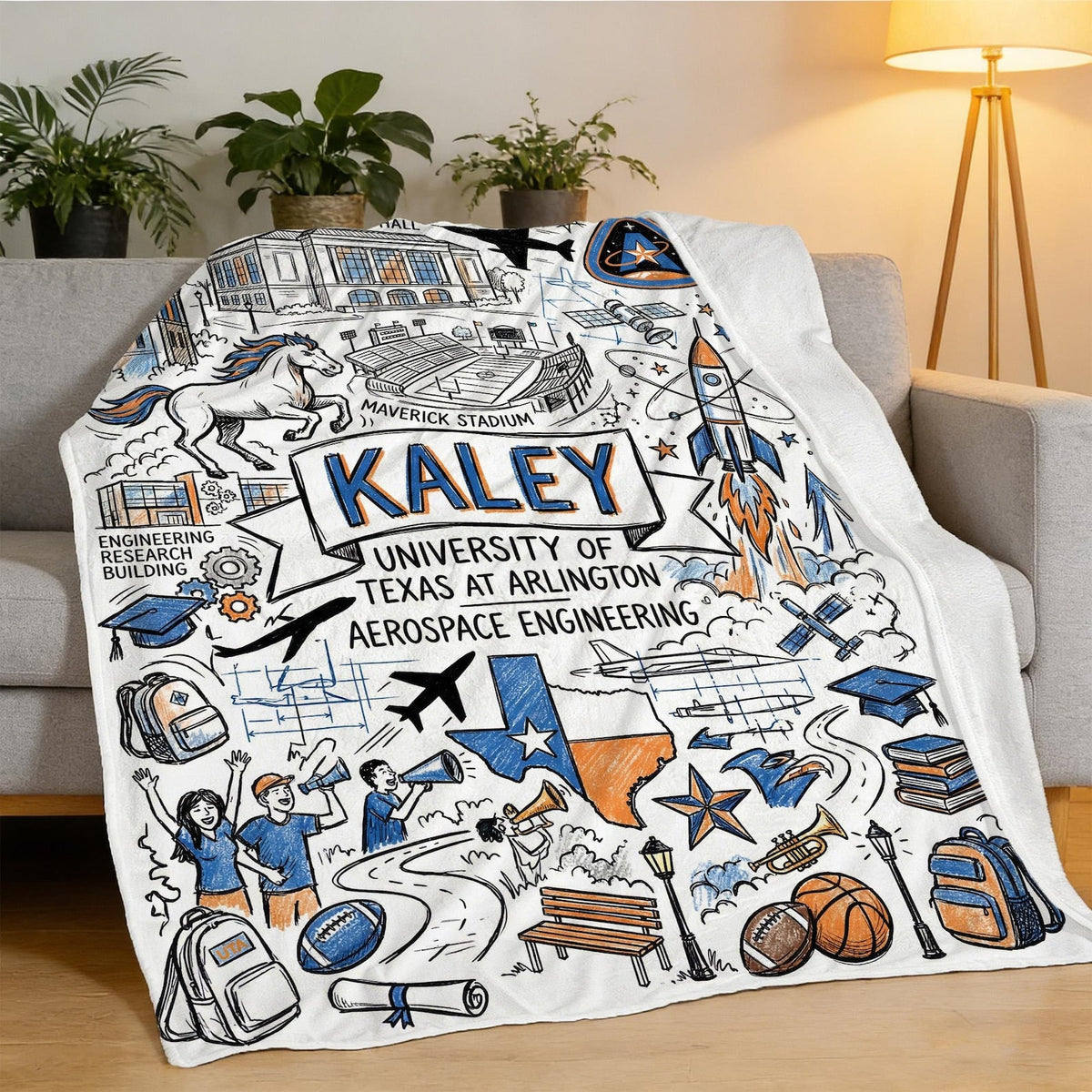 Custom University Campus Map Blanket, Personalized School Memory Name Throw