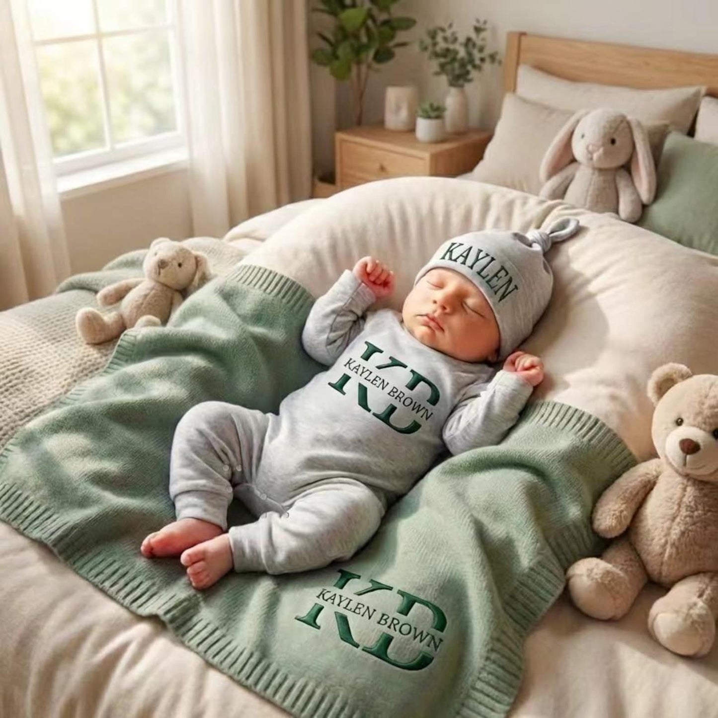Personalized Organic Cotton Baby Name Outfit Set with Knit Blanket, Newborn Romper & Hat