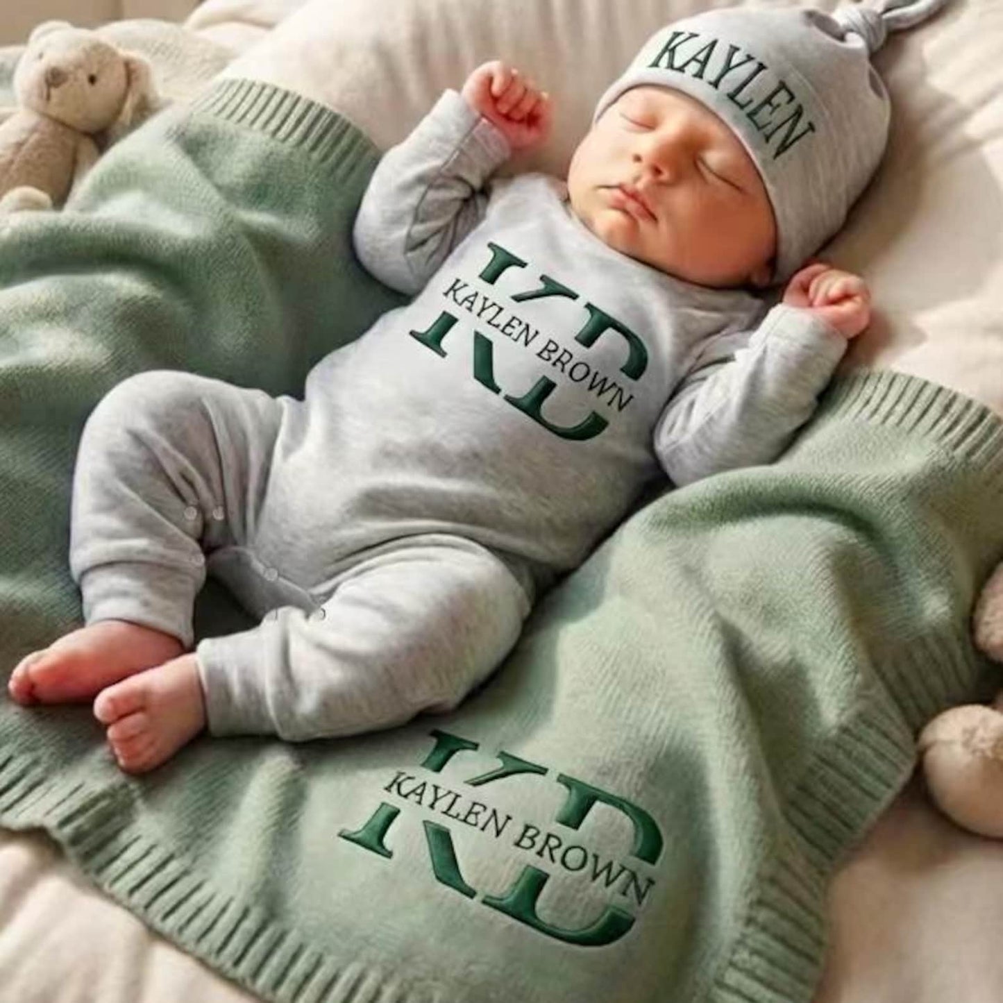 Personalized Organic Cotton Baby Name Outfit Set with Knit Blanket, Newborn Romper & Hat
