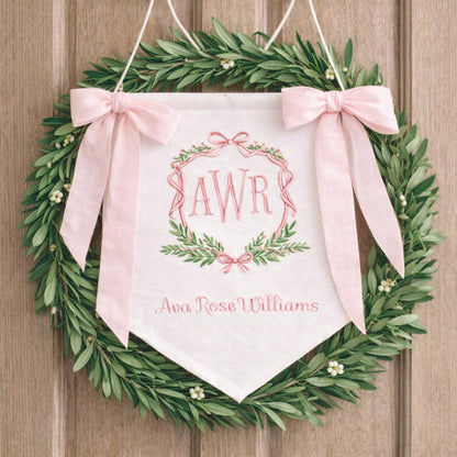 Custom Baby Banner Floral Princess Crest Welcome Banner, Hospital Door or Crib with Fabric Bows and Birth Stats Card