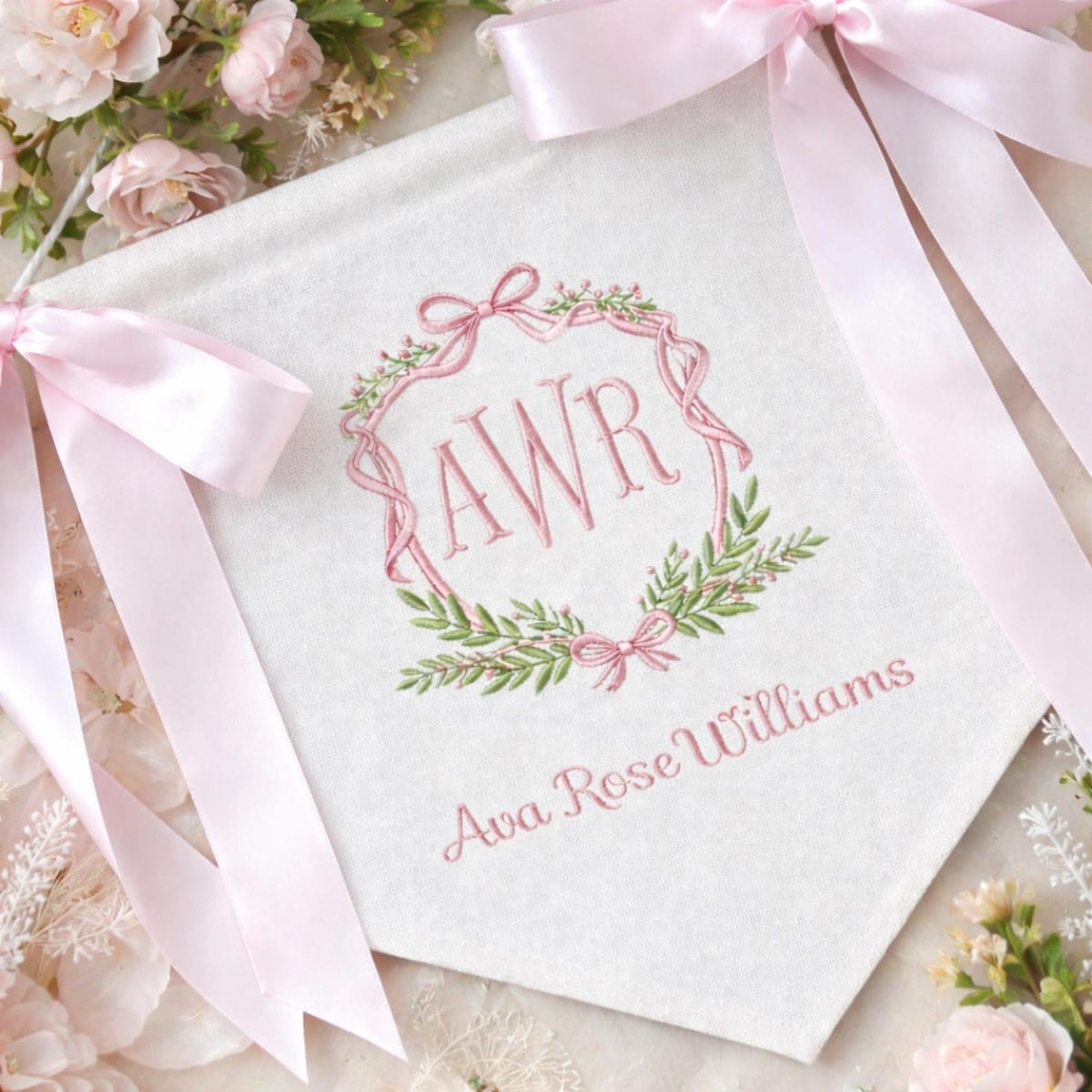 Custom Baby Banner Floral Princess Crest Welcome Banner, Hospital Door or Crib with Fabric Bows and Birth Stats Card