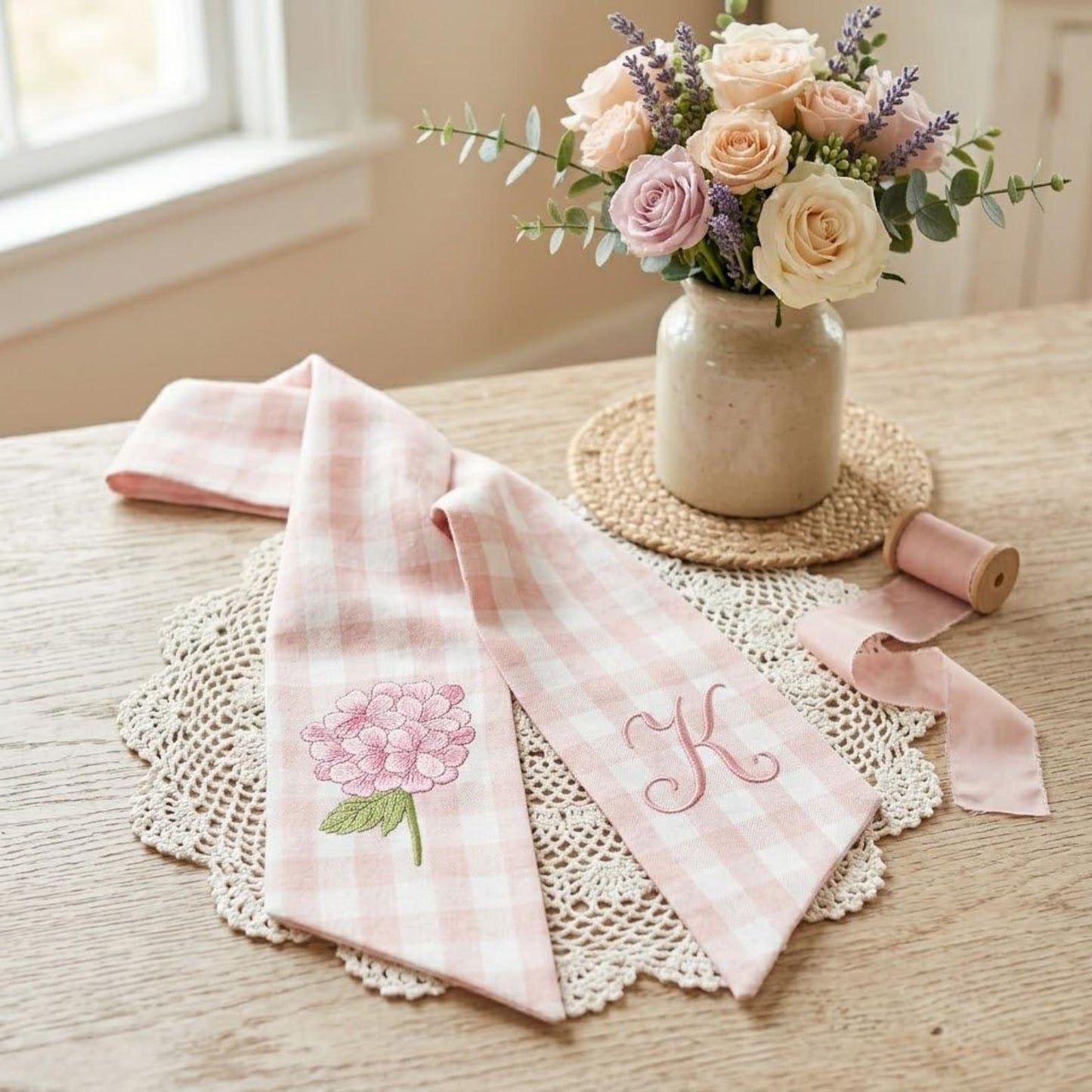 Hydrangea Wreath Sash Bow, Personalized Initials Home Decor