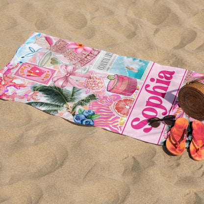 Personalized Pink Summer Seamless Pattern Beach Towel, Custom Name Girly Tropical Towels