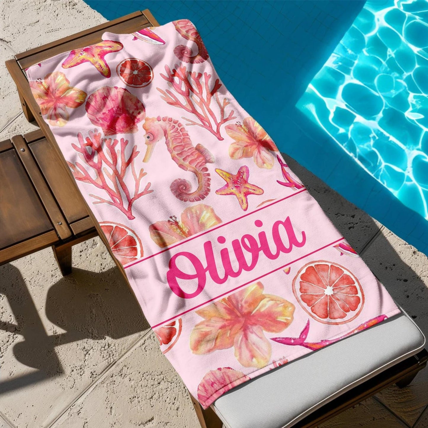 Personalized Pink Summer Seamless Pattern Beach Towel, Custom Name Girly Tropical Towels