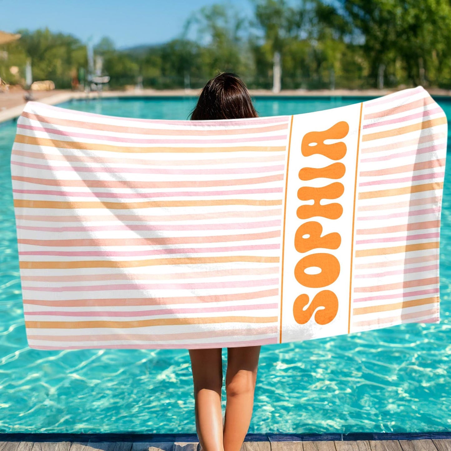 Personalized Pink Summer Seamless Pattern Beach Towel, Custom Name Girly Tropical Towels