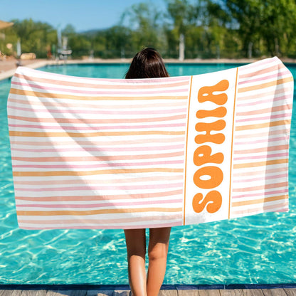 Personalized Pink Summer Seamless Pattern Beach Towel, Custom Name Girly Tropical Towels