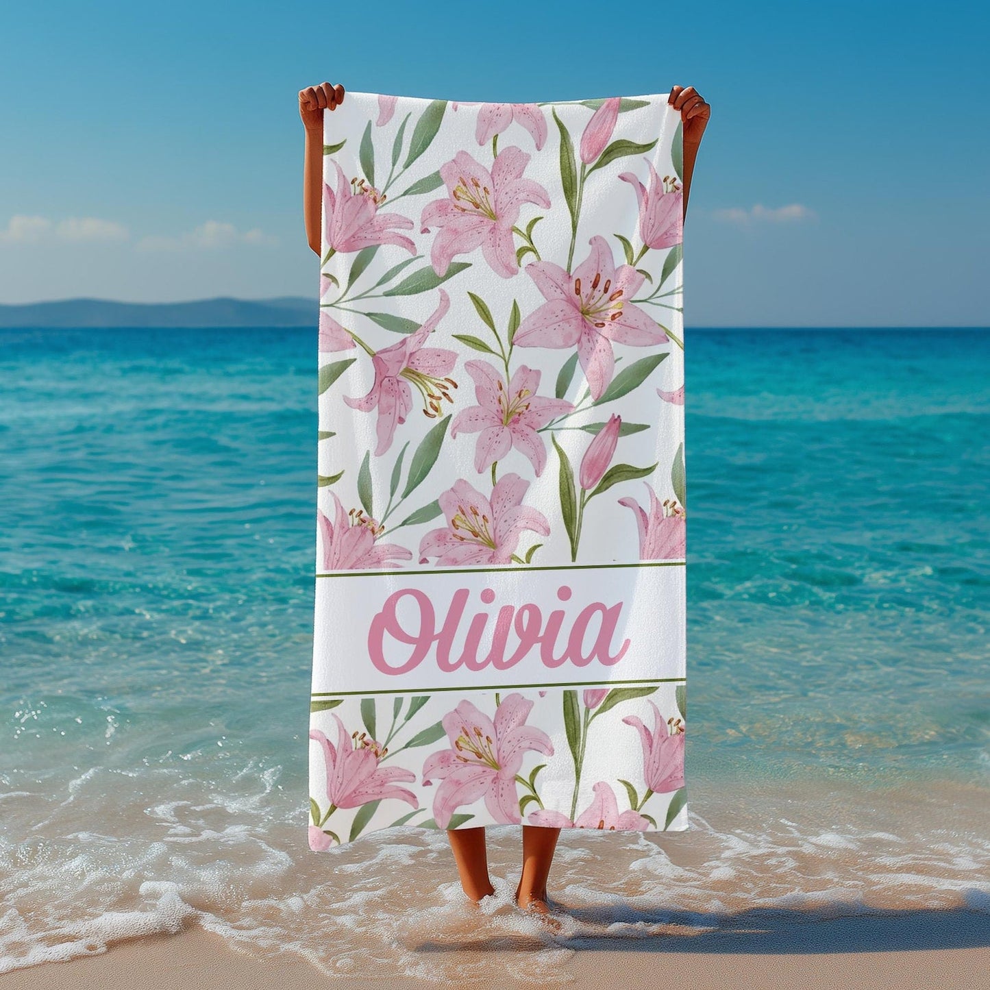 Personalized Pink Summer Seamless Pattern Beach Towel, Custom Name Girly Tropical Towels