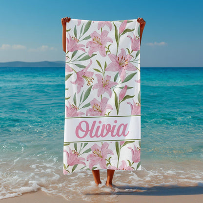 Personalized Pink Summer Seamless Pattern Beach Towel, Custom Name Girly Tropical Towels