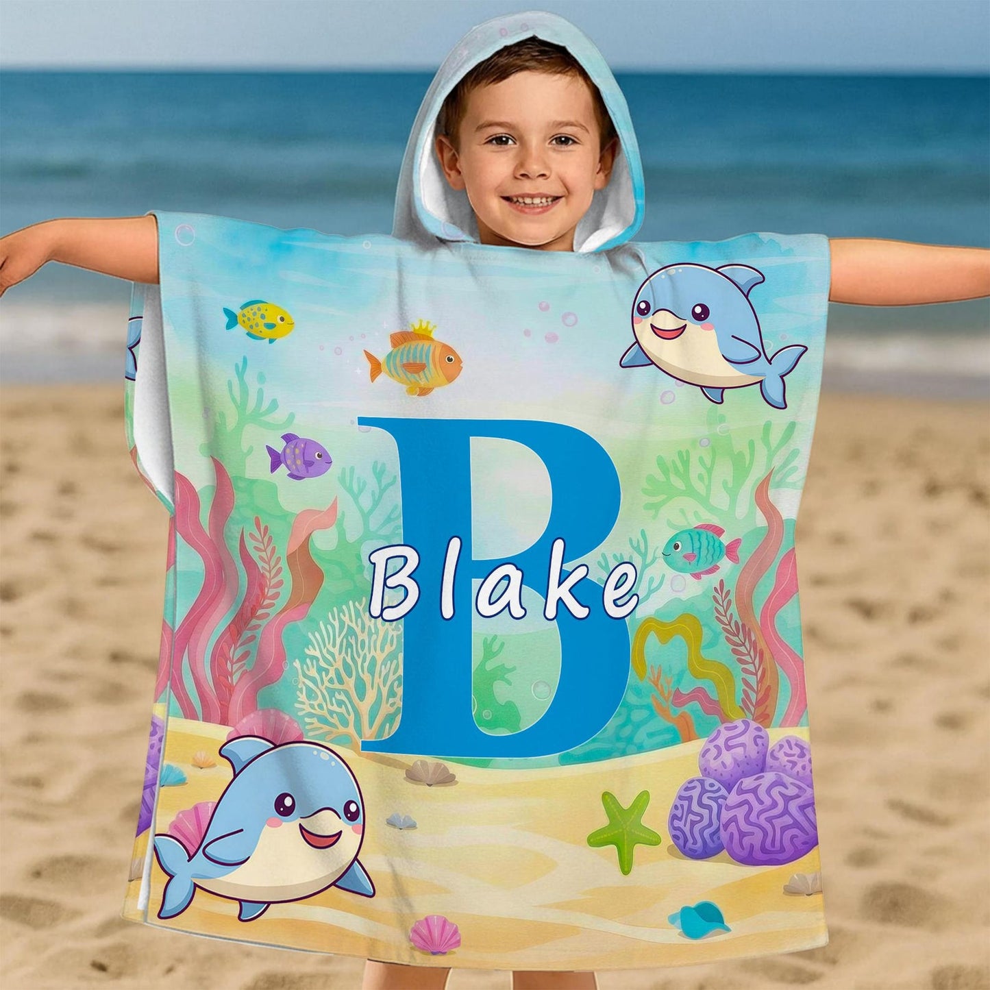 Personalized Kids Hooded Beach Towel, Custom Name Toddler Poncho Towel
