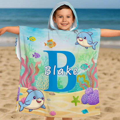 Personalized Kids Hooded Beach Towel, Custom Name Toddler Poncho Towel