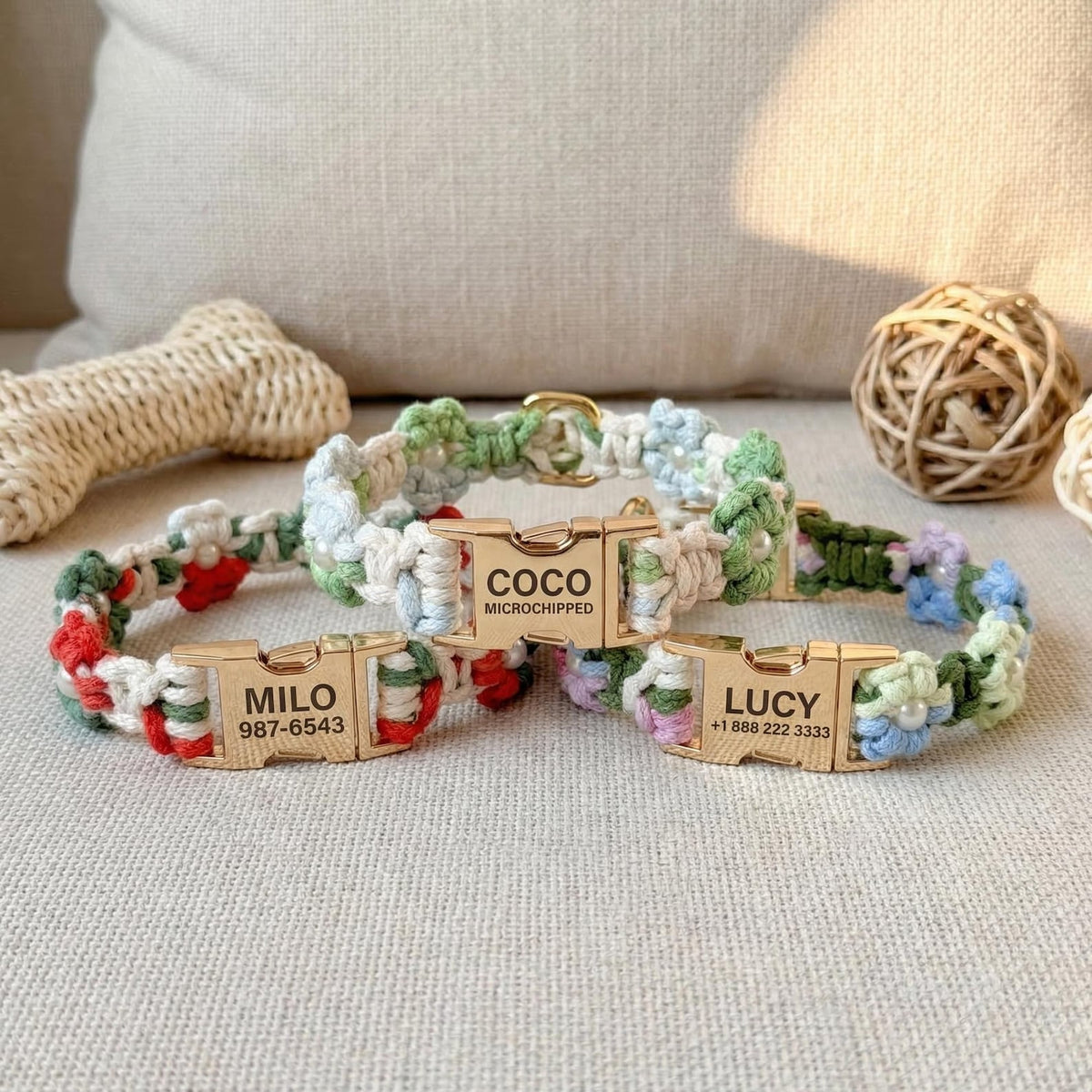 Custom Pet Collar with Name Tag – Braided Cotton Dog Collar