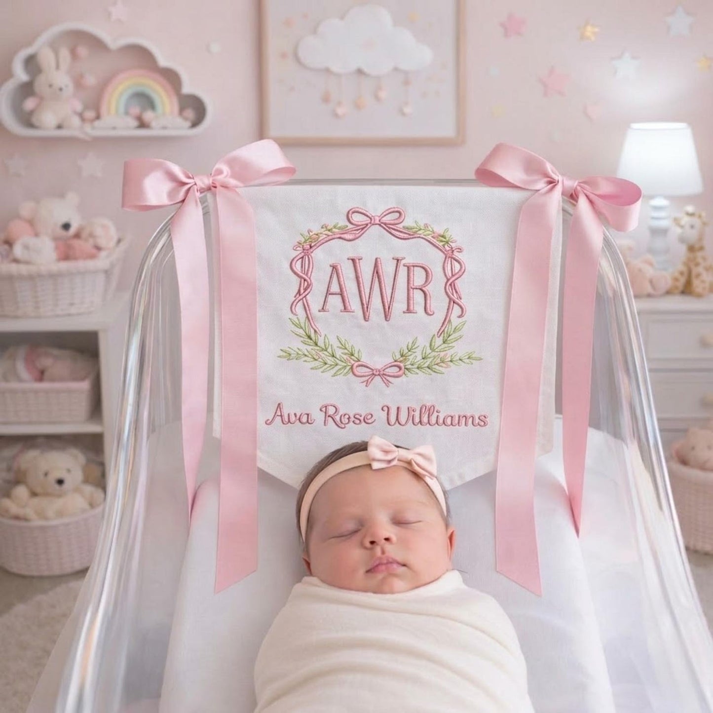 Custom Baby Banner Floral Princess Crest Welcome Banner, Hospital Door or Crib with Fabric Bows and Birth Stats Card