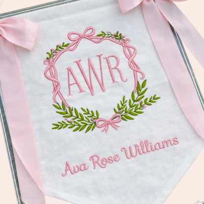 Custom Baby Banner Floral Princess Crest Welcome Banner, Hospital Door or Crib with Fabric Bows and Birth Stats Card
