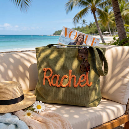 Custom Chenille Name Tote Bag, Personalized Corduroy Work Purse with Zipper