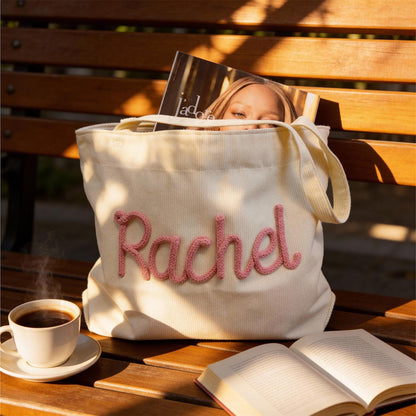 Custom Chenille Name Tote Bag, Personalized Corduroy Work Purse with Zipper